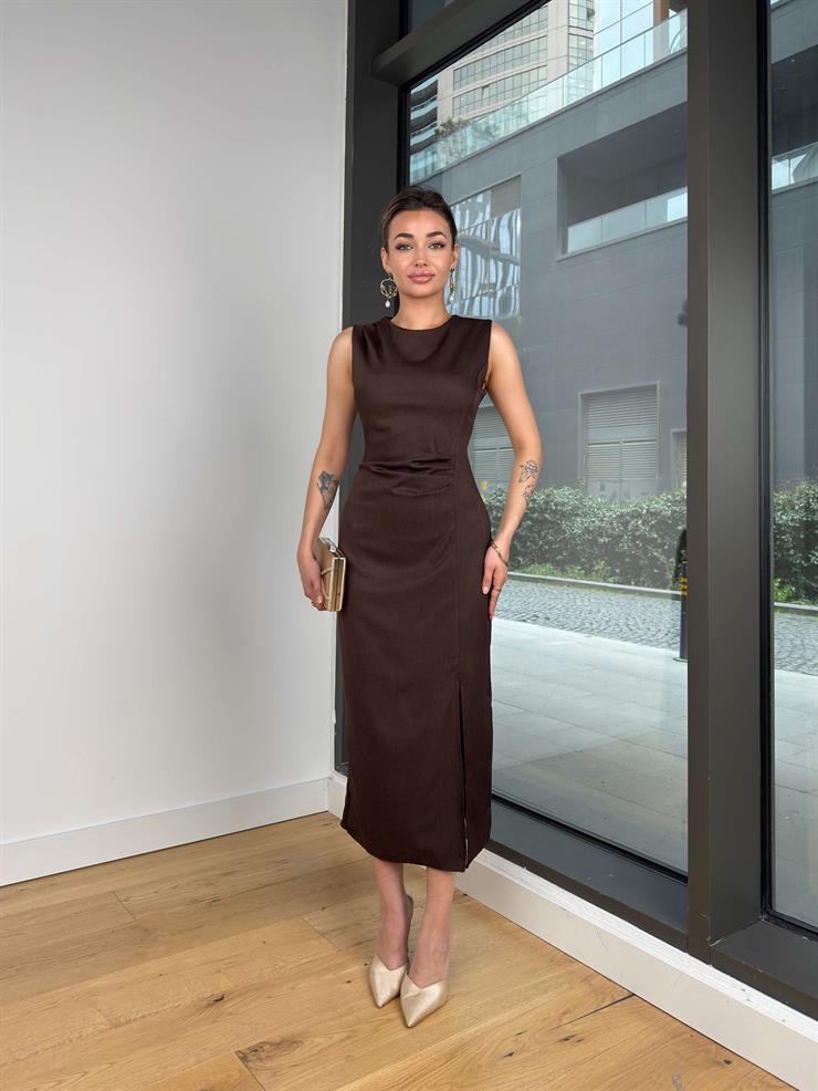 Kolsuz Belden Oturtmalı Anders Kahve Kadın Elbise 25Y222