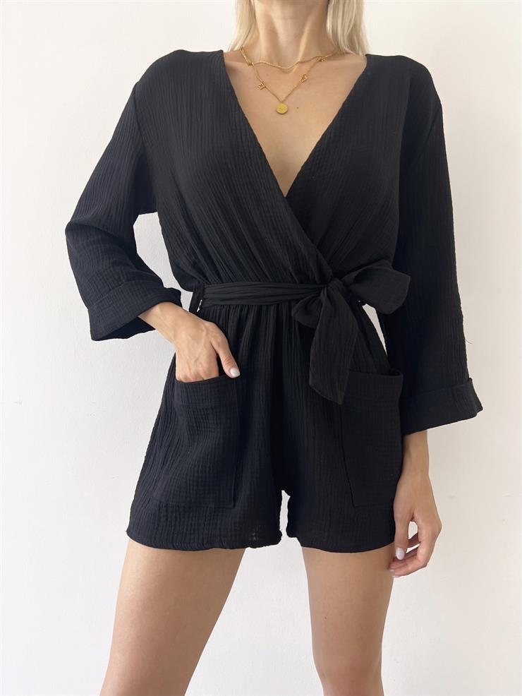 Önü Kruvaze Yanları Cepli Belden Kuşaklı Andi Kadın Siyah Şort Tulum 23Y000499