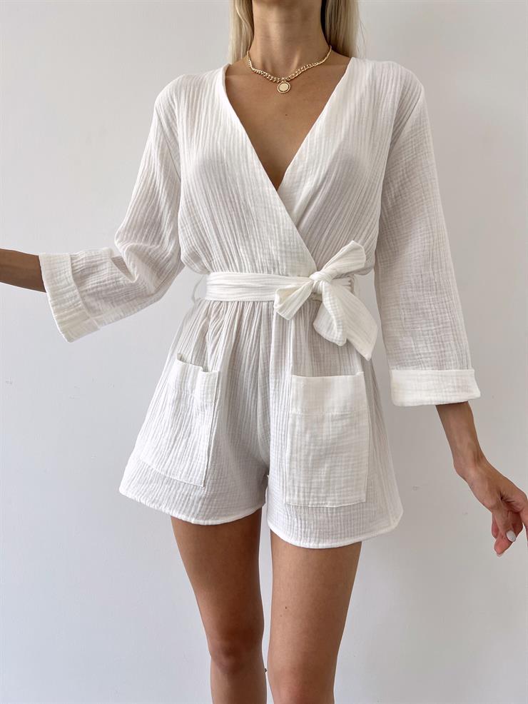 Önü Kruvaze Yanları Cepli Belden Kuşaklı Andi Kadın Ekru Şort Tulum 23Y000499