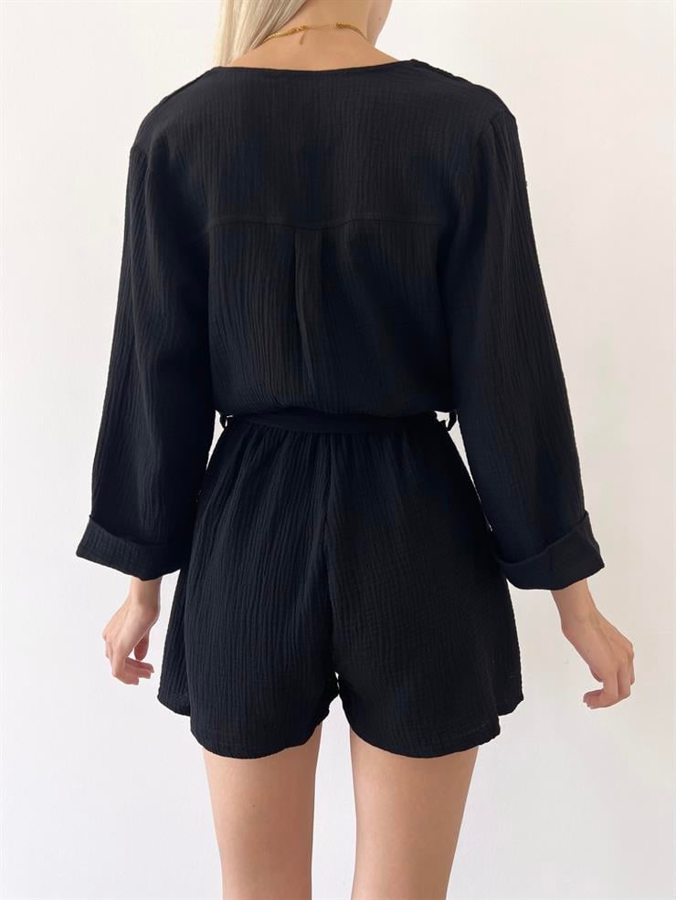 Önü Kruvaze Yanları Cepli Belden Kuşaklı Andi Kadın Siyah Şort Tulum 23Y000499