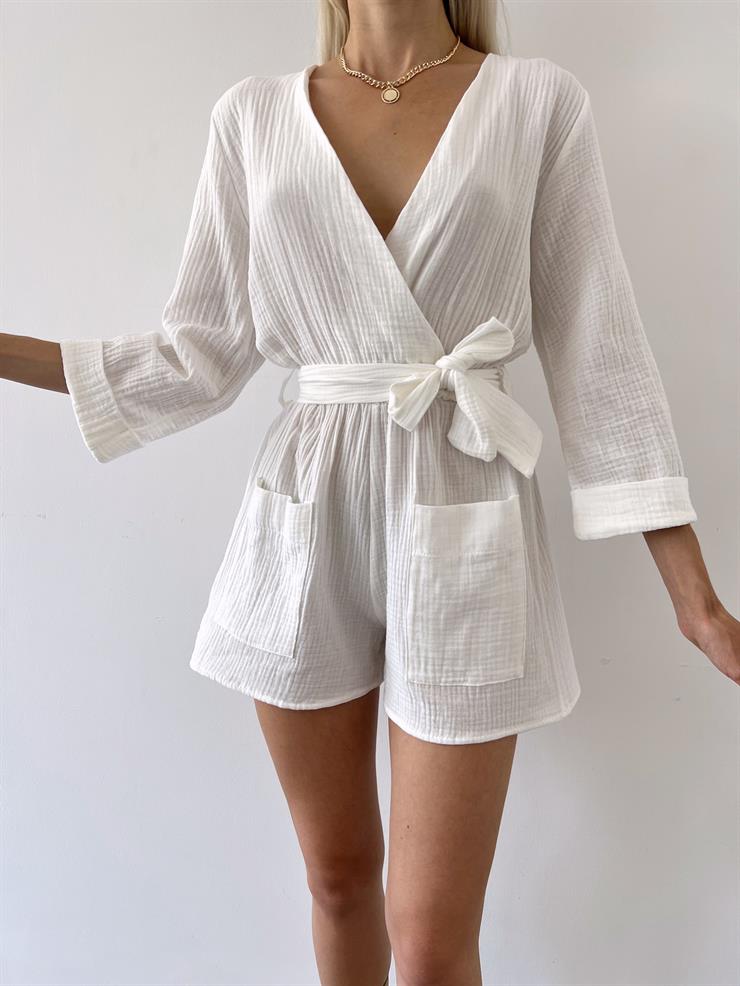 Önü Kruvaze Yanları Cepli Belden Kuşaklı Andi Kadın Ekru Şort Tulum 23Y000499