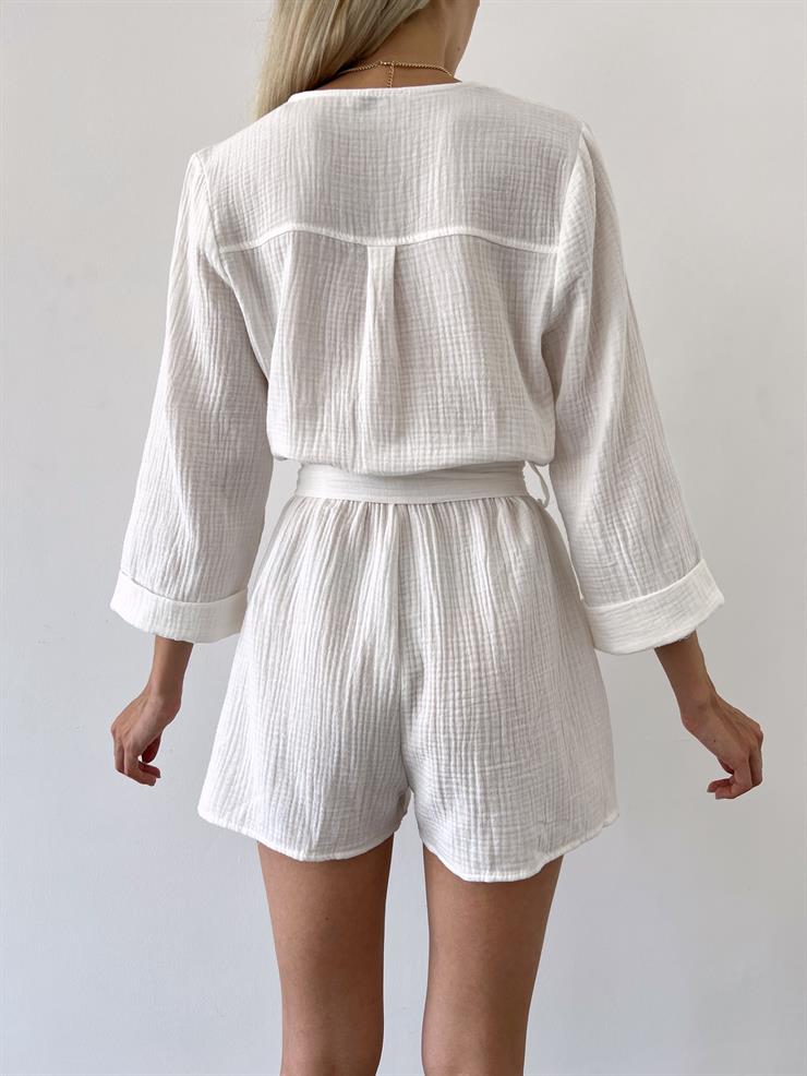 Önü Kruvaze Yanları Cepli Belden Kuşaklı Andi Kadın Ekru Şort Tulum 23Y000499