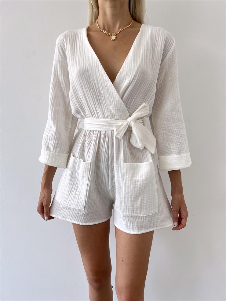 Önü Kruvaze Yanları Cepli Belden Kuşaklı Andi Kadın Ekru Şort Tulum 23Y000499