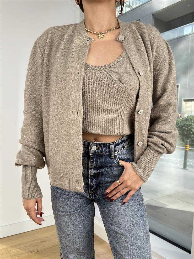 Askılı Crop Düğme Kapamalı Hırka Andlit Vizon Kadın İkili Hırka Takım 25K248