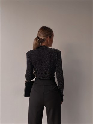 Vatkalı Simli Kumaş Kruvaze Andorra Kadın Siyah Bluz 22K000412