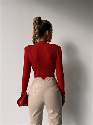 Vatkalı Simli Kumaş Kruvaze Andorra Kadın Kırmızı Bluz 22K000412