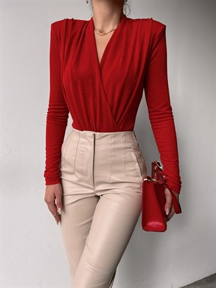 Vatkalı Simli Kumaş Kruvaze Andorra Kadın Kırmızı Bluz 22K000412