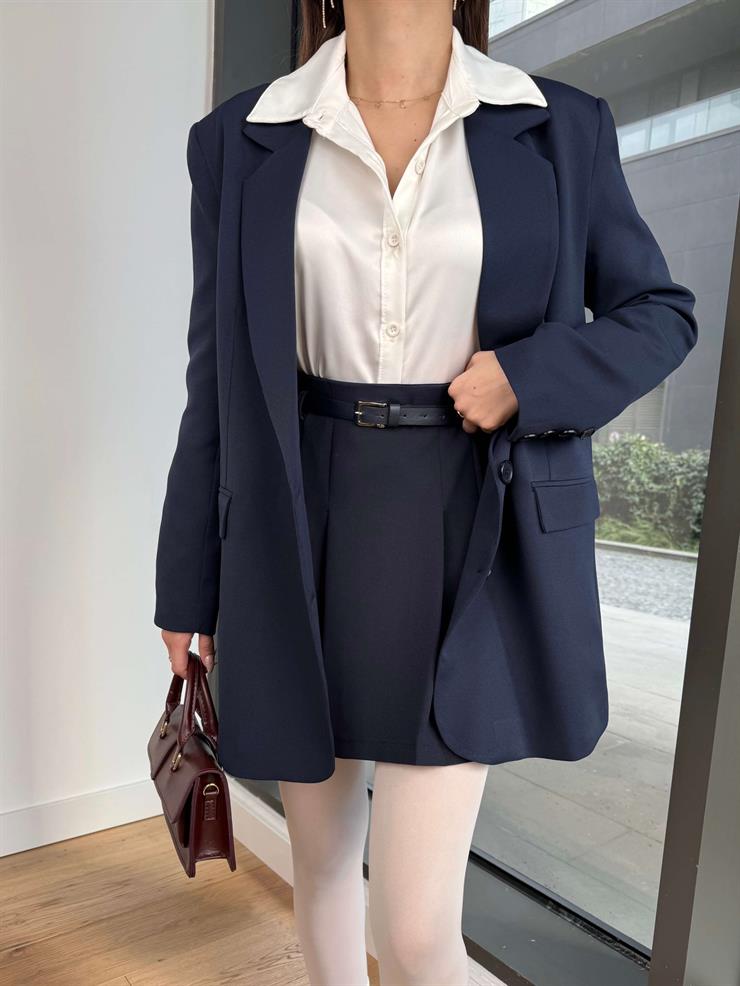 Önü Düğme Kapamalı Blazer Ceket Beli Kemerli Pileli Mini Etek Andre Kadın Lacivert Takım 24Y100