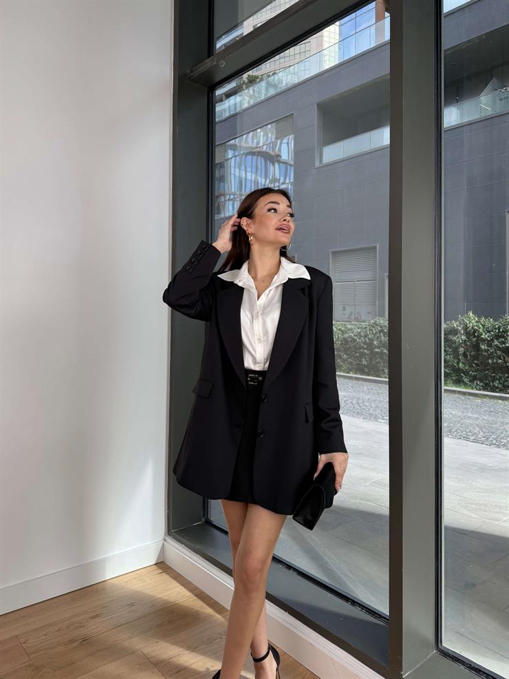 Önü Düğme Kapamalı Blazer Ceket Beli Kemerli Pileli Mini Etek Andre Kadın Siyah Takım 24Y100