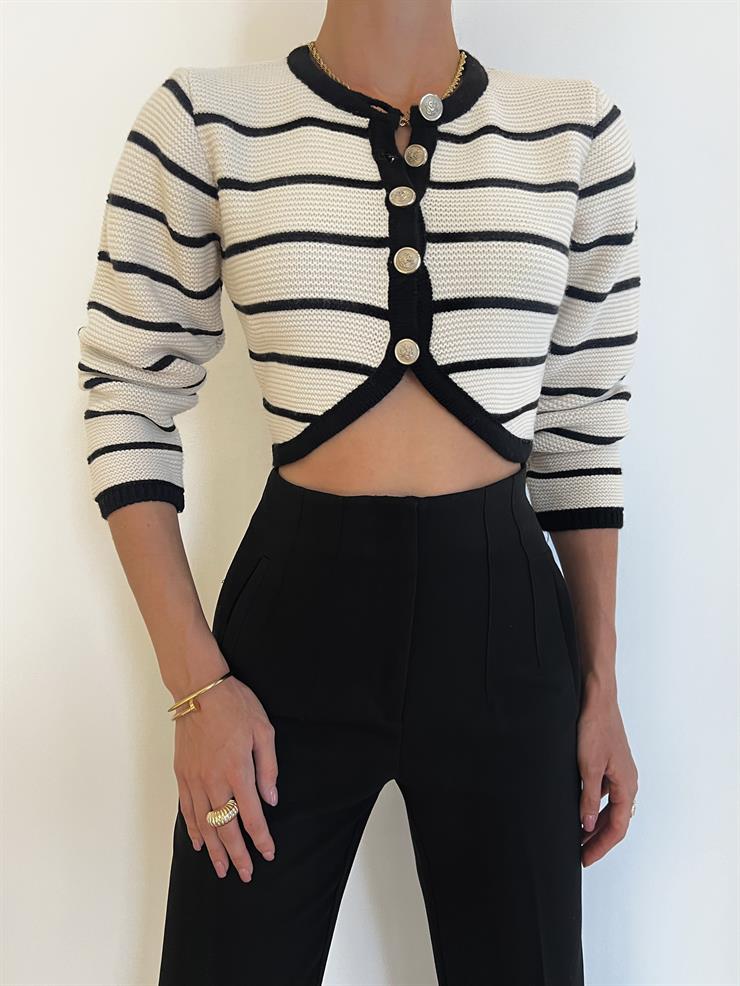 Uzun Kollu Önü Düğmeli Andres Kadın Çizgili Taş Triko Hırka 24k000069