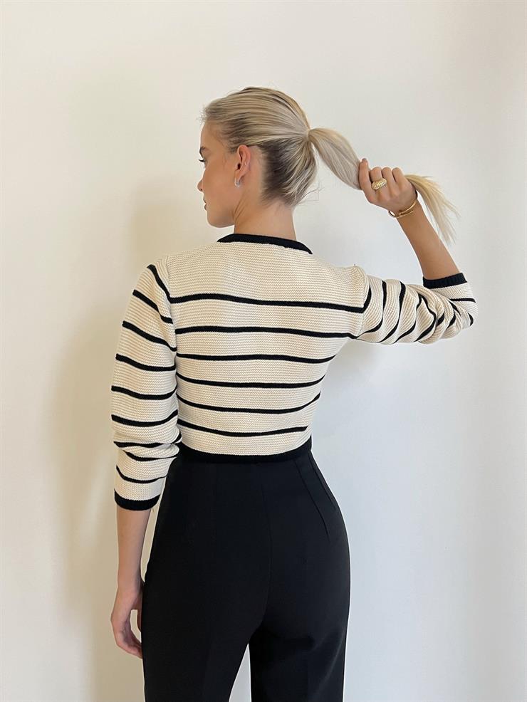 Uzun Kollu Önü Düğmeli Andres Kadın Çizgili Taş Triko Hırka 24k000069