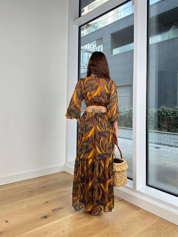 V Yaka Beli Pencere Detaylı Andrew Kadın Renkli Desenli Elbise 24Y301