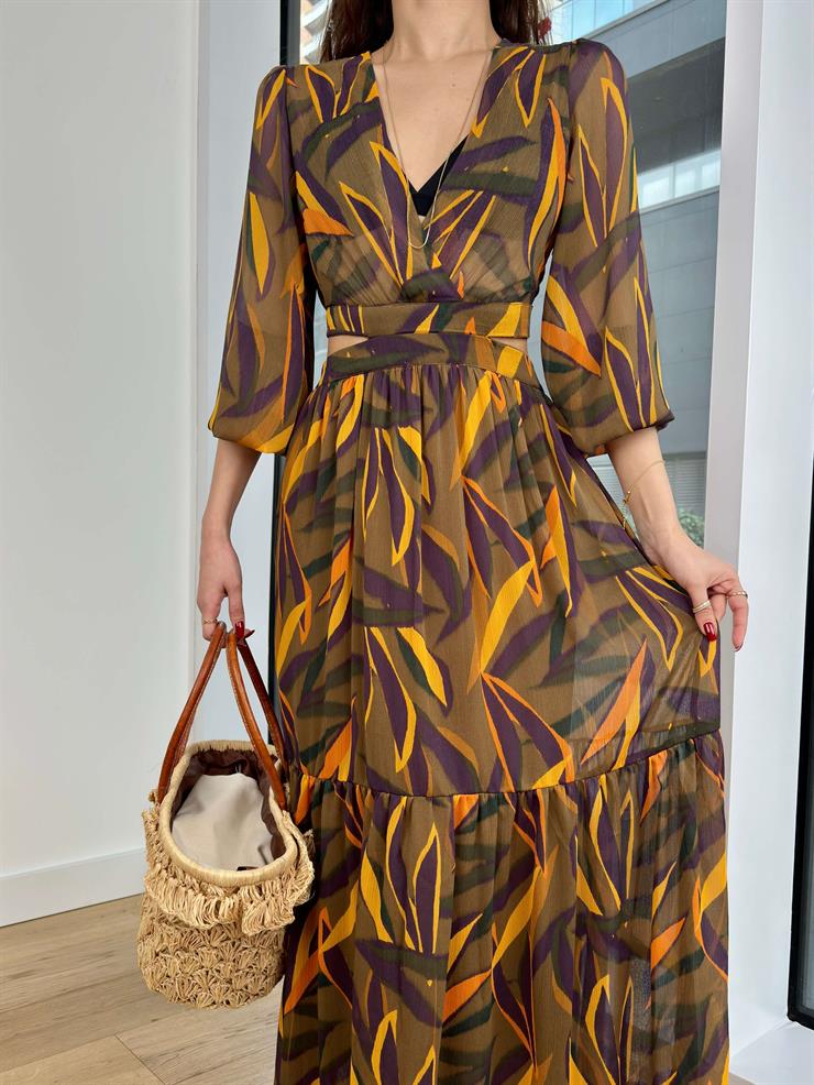 V Yaka Beli Pencere Detaylı Andrew Kadın Renkli Desenli Elbise 24Y301