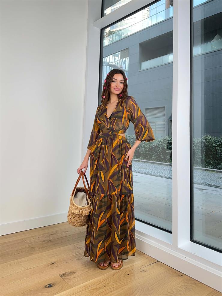 V Yaka Beli Pencere Detaylı Andrew Kadın Renkli Desenli Elbise 24Y301