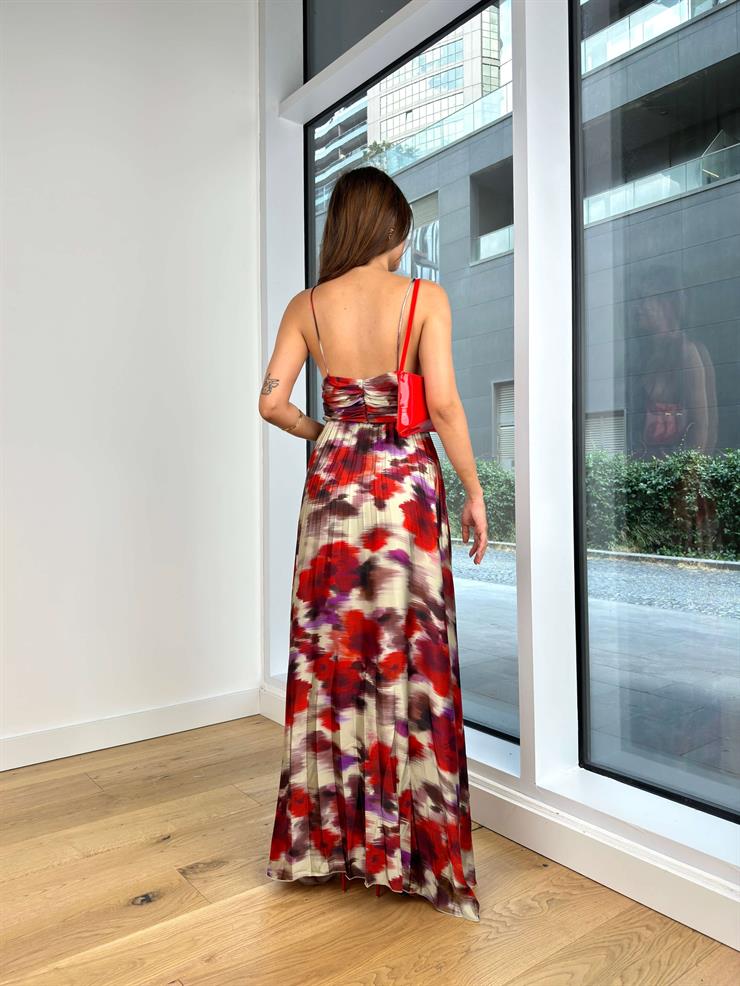 İnce Askılı V Yaka Önü Büzgülü Aneta Kadın Renkli Elbise 24Y786