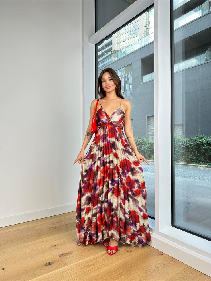 İnce Askılı V Yaka Önü Büzgülü Aneta Kadın Renkli Elbise 24Y786