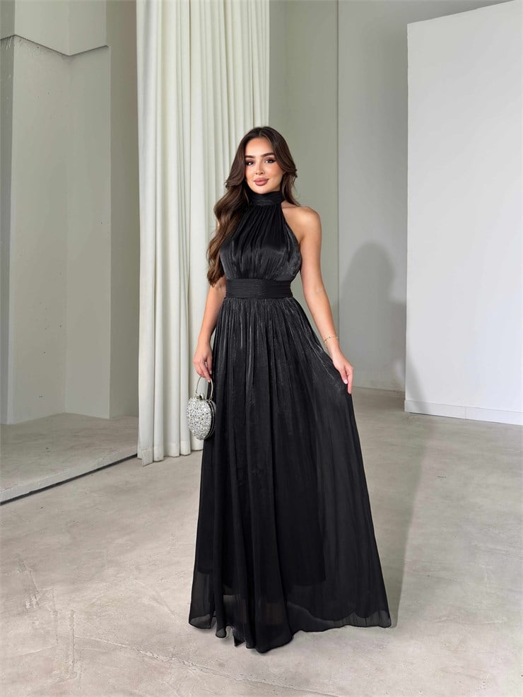 Halter Yaka Belden Oturtmalı Maxi Boy Siyah Angel Kadın Elbise 26Y480