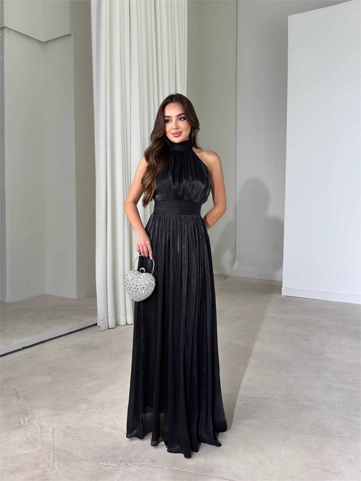 Halter Yaka Belden Oturtmalı Maxi Boy Siyah Angel Kadın Elbise 26Y480