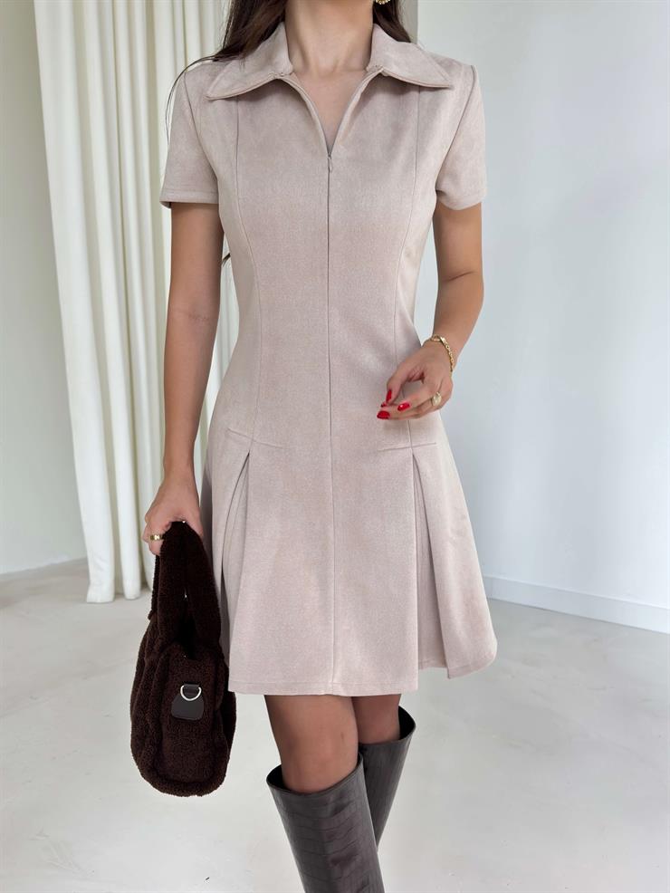 Ön Bedeni Fermuarlı Kat Kesim Pensli Mini Angelice Bej Kadın Elbise 26K006