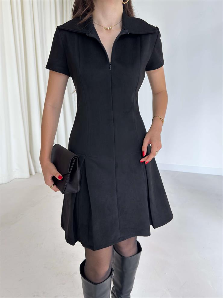 Ön Bedeni Fermuarlı Kat Kesim Pensli Mini Angelice Siyah Kadın Elbise 26K006