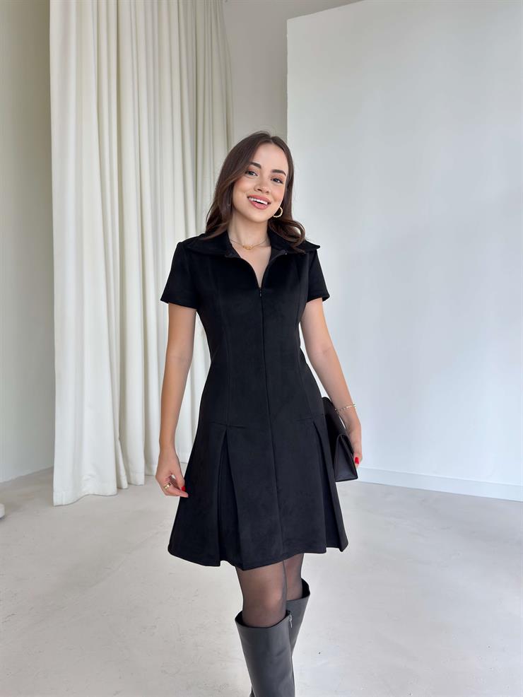 Ön Bedeni Fermuarlı Kat Kesim Pensli Mini Angelice Siyah Kadın Elbise 26K006