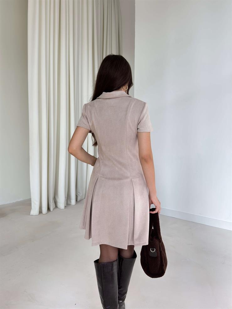 Ön Bedeni Fermuarlı Kat Kesim Pensli Mini Angelice Bej Kadın Elbise 26K006