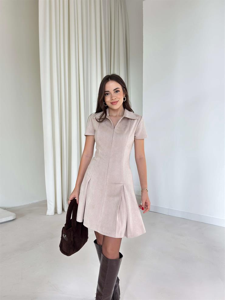 Ön Bedeni Fermuarlı Kat Kesim Pensli Mini Angelice Bej Kadın Elbise 26K006