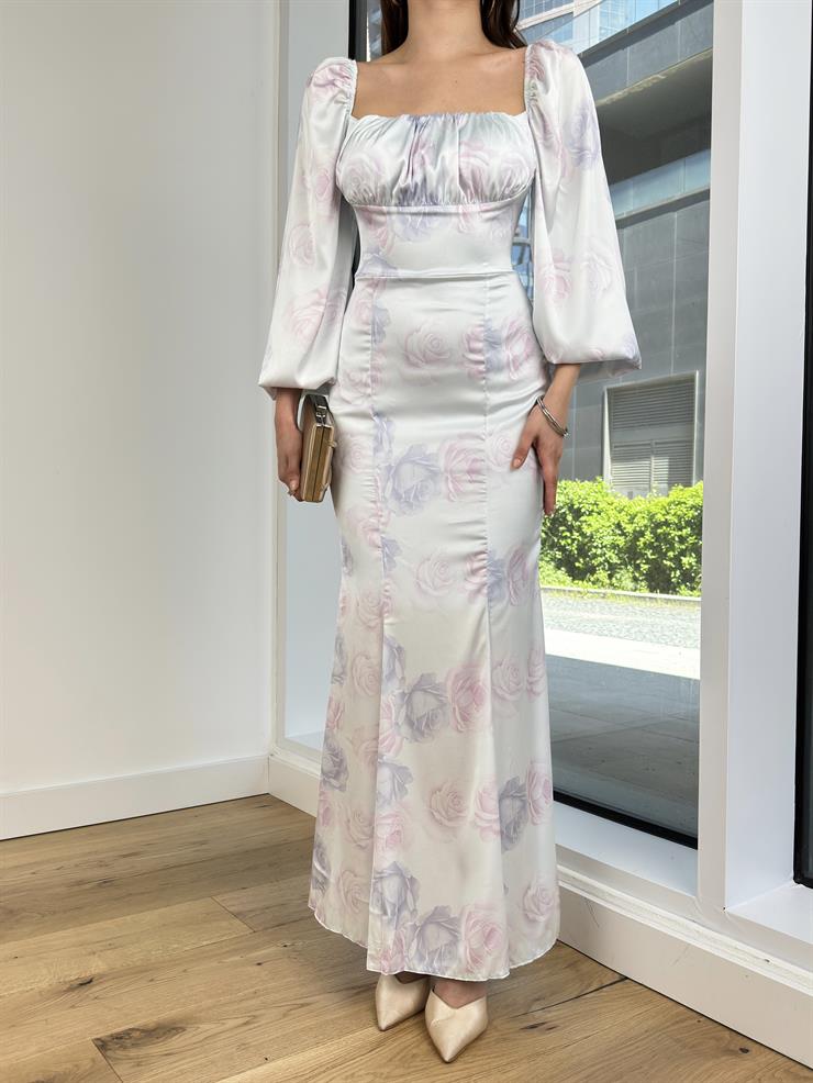 Kare Yaka Balon Kol Angelika Kadın Mavi Saten Elbise 24Y517