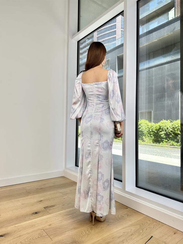 Kare Yaka Balon Kol Angelika Kadın Mavi Saten Elbise 24Y517