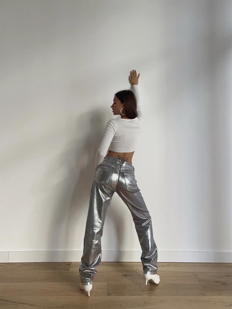 Yüksek Bel Paçası Bol Aniçka Kadın Gri Simli Pantolon 24k000034