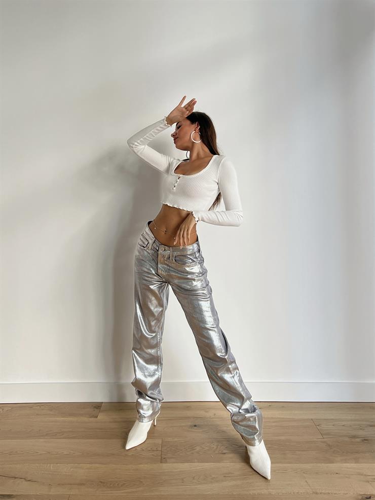 Yüksek Bel Paçası Bol Aniçka Kadın Gri Simli Pantolon 24k000034