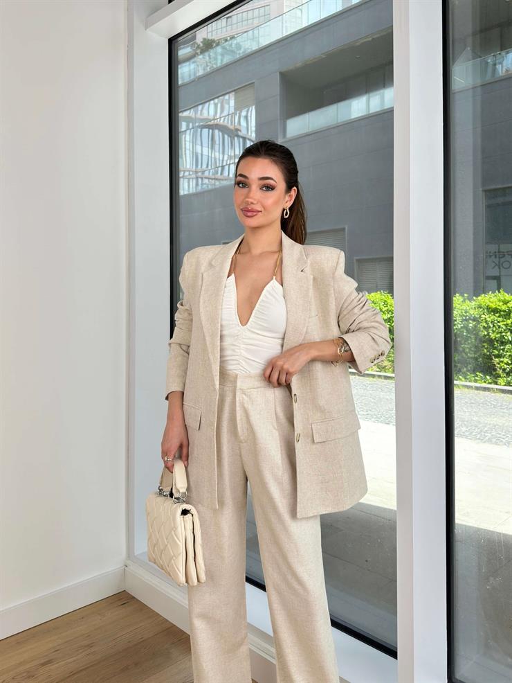 Önü Düğme Kapamalı Omuz Vatkalı Keten Karışımlı Anifa Kadın Natural Blazer Ceket 24Y446