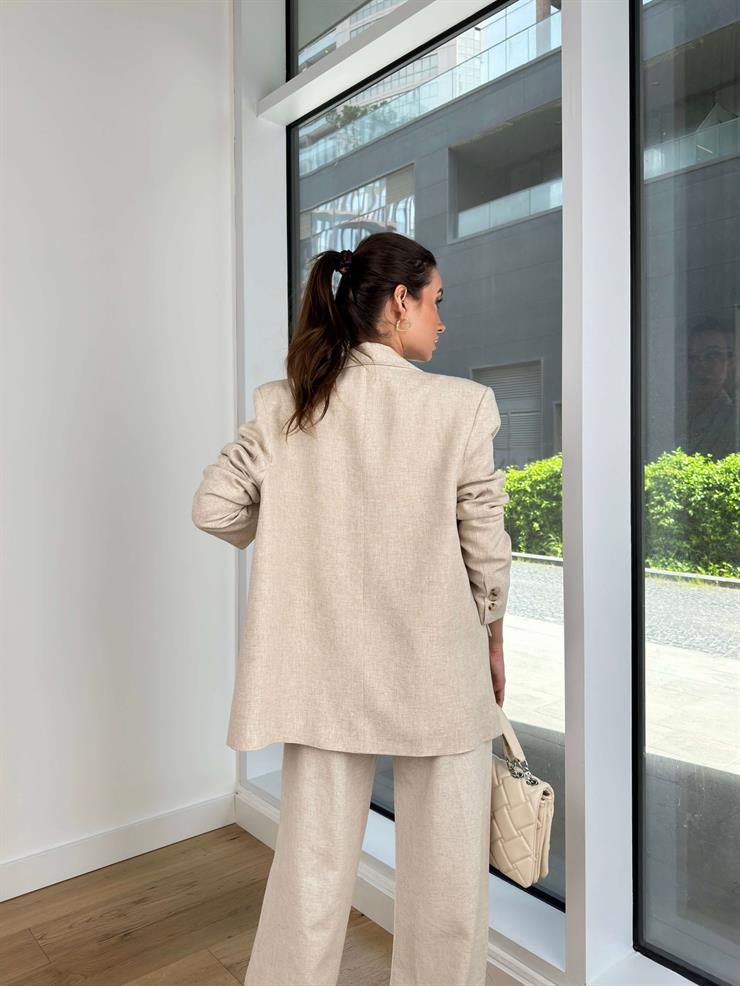 Önü Düğme Kapamalı Omuz Vatkalı Keten Karışımlı Anifa Kadın Natural Blazer Ceket 24Y446