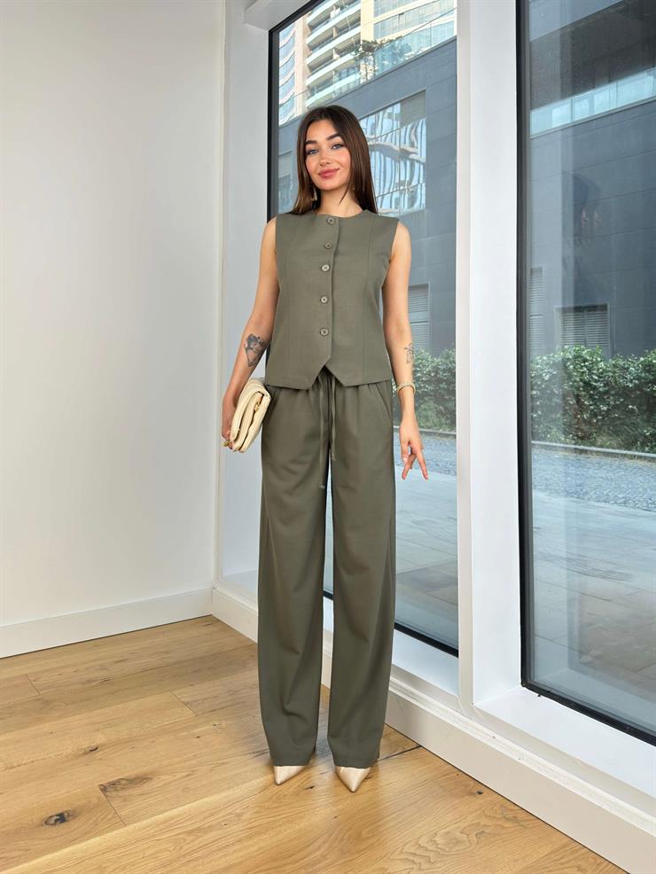 Önü Düğme Kapamalı Yelek Yüksek Bel Beli Bağcıklı Anish Kadın Haki Takım 24Y708