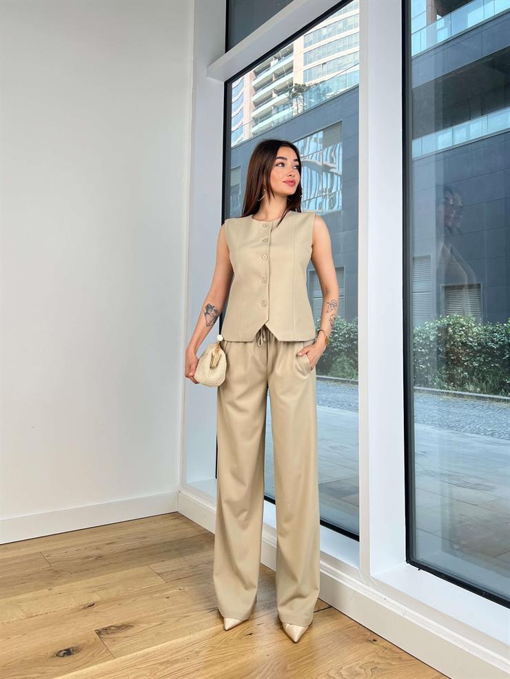 Önü Düğme Kapamalı Yelek Yüksek Bel Beli Bağcıklı Anish Kadın Taş Takım 24Y708