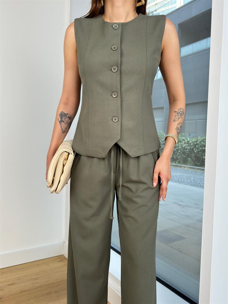 Önü Düğme Kapamalı Yelek Yüksek Bel Beli Bağcıklı Anish Kadın Haki Takım 24Y708