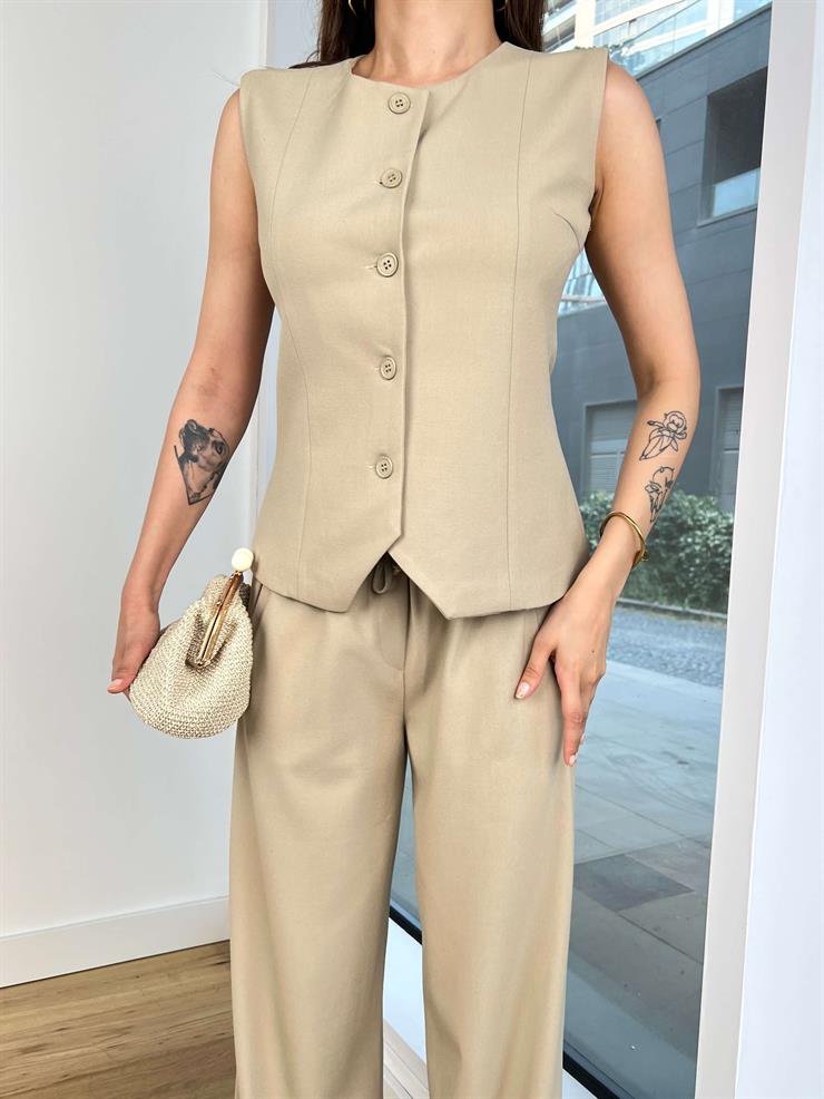 Önü Düğme Kapamalı Yelek Yüksek Bel Beli Bağcıklı Anish Kadın Taş Takım 24Y708