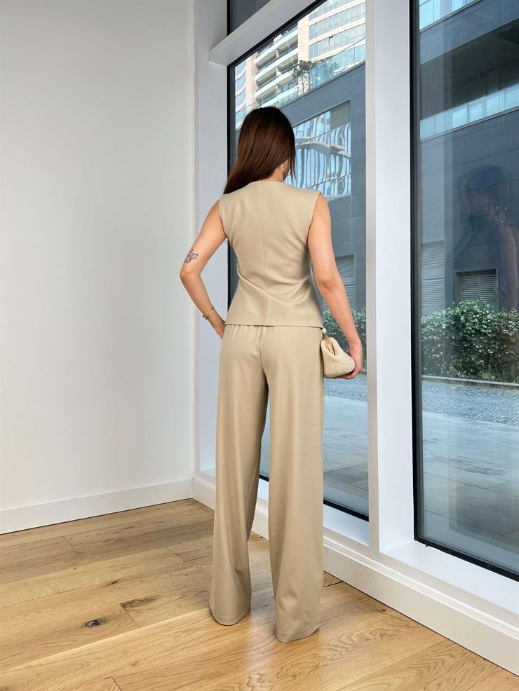 Önü Düğme Kapamalı Yelek Yüksek Bel Beli Bağcıklı Anish Kadın Taş Takım 24Y708