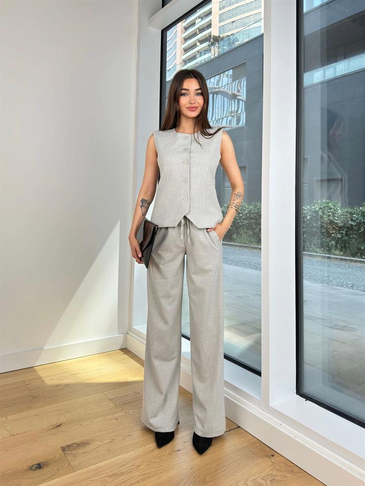 Önü Düğme Kapamalı Yelek Yüksek Bel Beli Bağcıklı Anish Kadın Gri Takım 24Y708