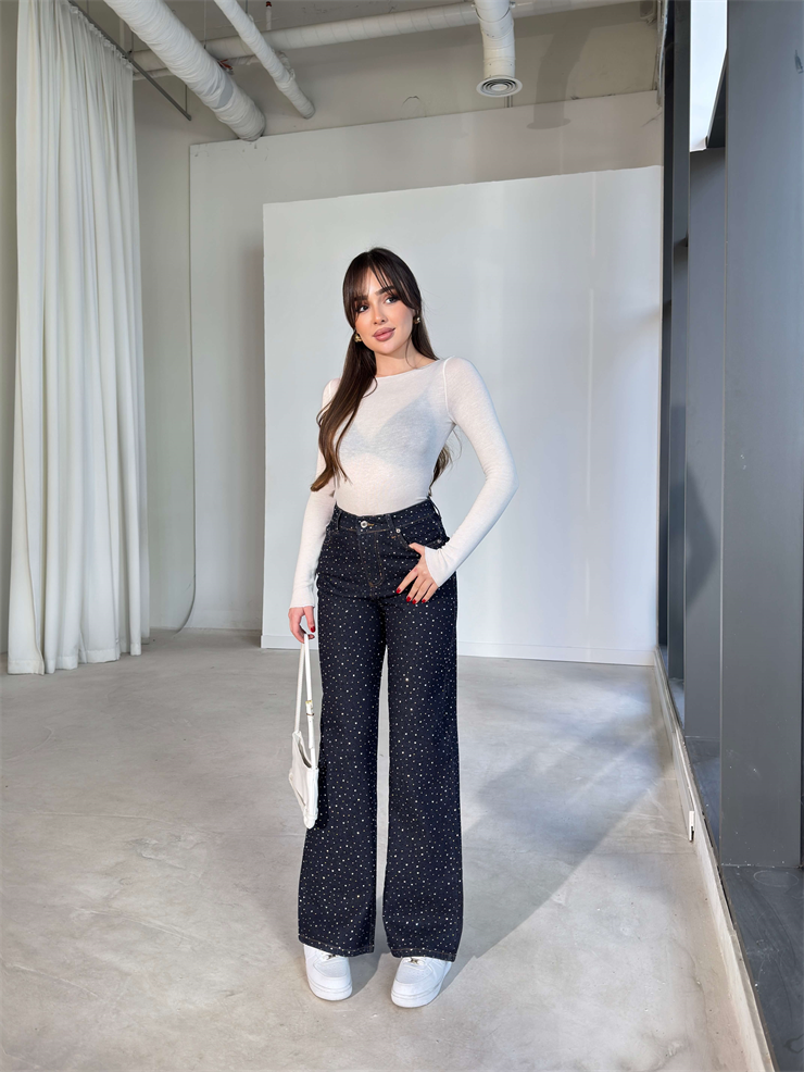 Taşlı Yüksek Bel Aniya Lacivert Kadın Kot Jean Pantolon 26Y141