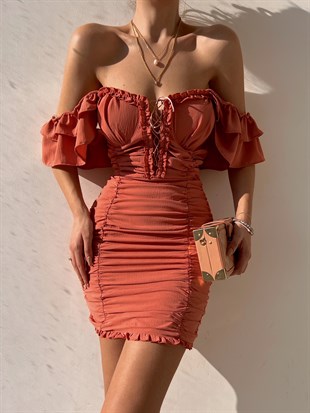 Kolu Fırfırlı Böğüs Bağcıklı Drape Anjali Kadın Pudra Mini Elbise 22K000613