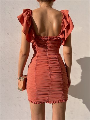 Kolu Fırfırlı Böğüs Bağcıklı Drape Anjali Kadın Pudra Mini Elbise 22K000613