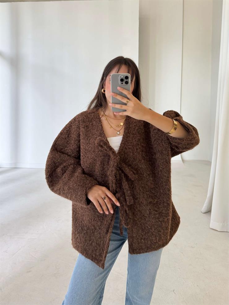Oversize Önden Bağlamalı Annabel Kadın Kahve Peluş Ceket 26K005