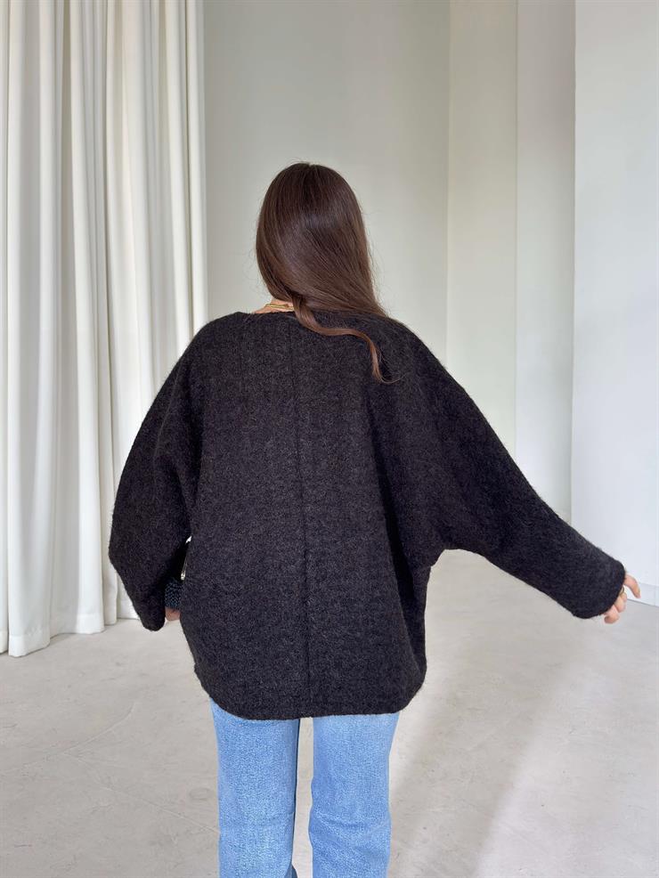 Oversize Önden Bağlamalı Annabel Kadın Siyah Peluş Ceket 26K005