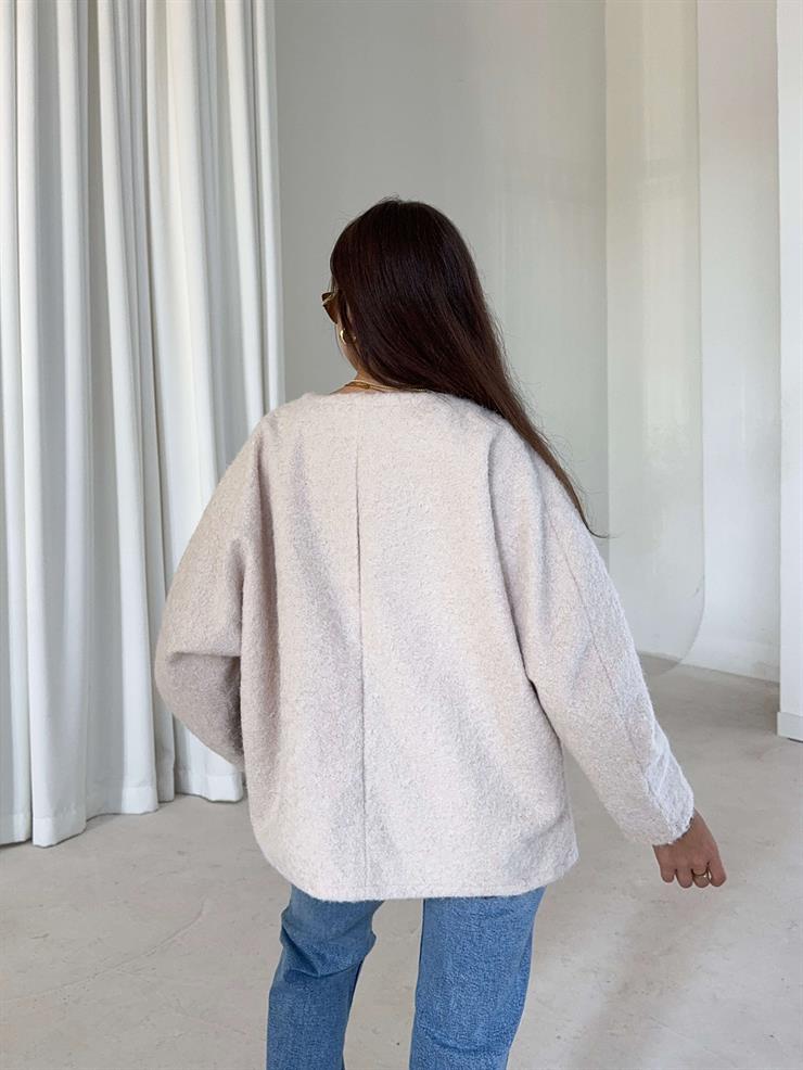 Oversize Önden Bağlamalı Annabel Kadın Bej Peluş Ceket 26K005