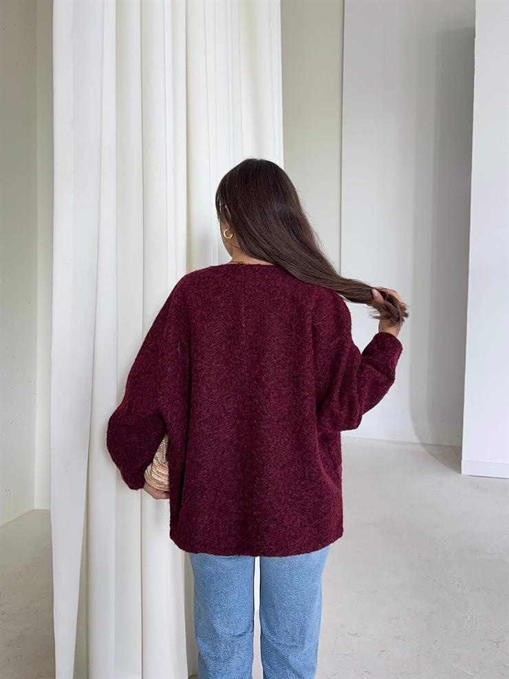 Oversize Önden Bağlamalı Annabel Kadın Bordo Peluş Ceket 26K005
