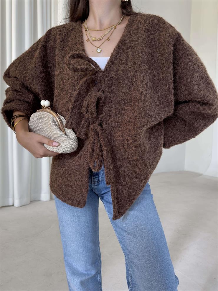 Oversize Önden Bağlamalı Annabel Kadın Kahve Peluş Ceket 26K005