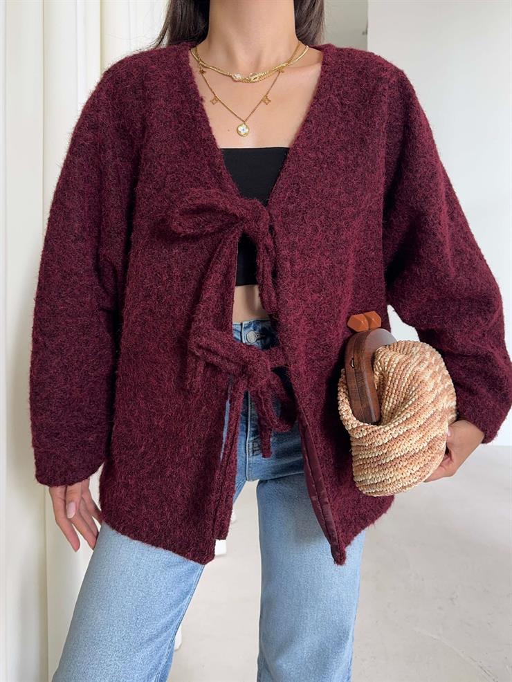 Oversize Önden Bağlamalı Annabel Kadın Bordo Peluş Ceket 26K005