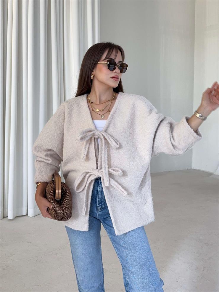 Oversize Önden Bağlamalı Annabel Kadın Bej Peluş Ceket 26K005