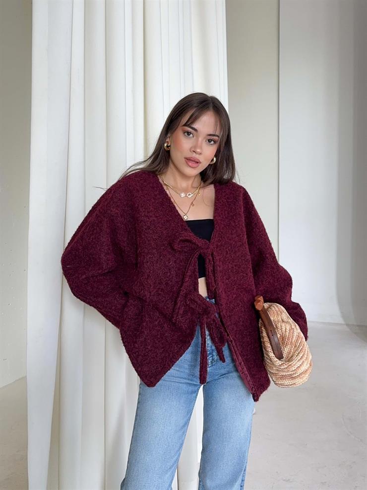 Oversize Önden Bağlamalı Annabel Kadın Bordo Peluş Ceket 26K005
